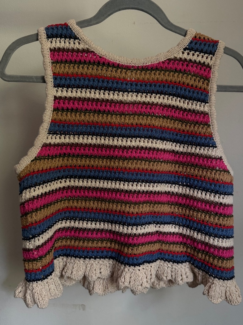 Miou Muse Multicolor Striped Crochet Ruffle Tank Top – Medium
